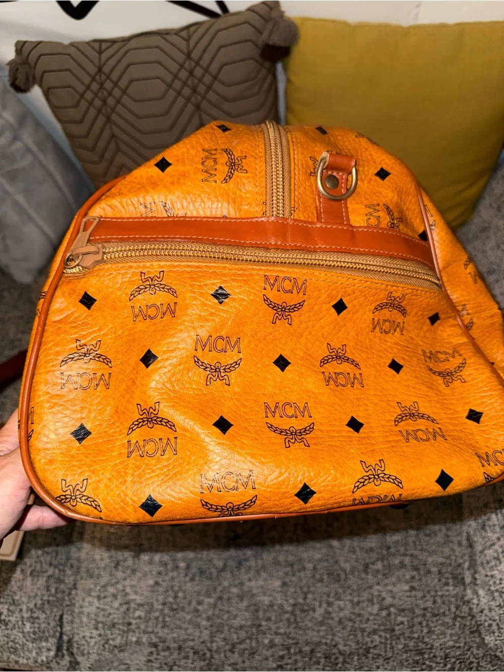 MCM Cognac Visetos Logo Duffel with Brown Leather Trim
